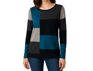 Cashmere Charter Club Luxury Blue Black Crew Sweater Colorblock Size Medium